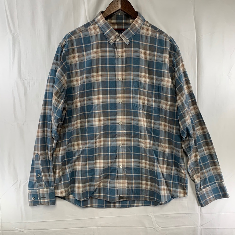 UNTUCKit Button Down Shirt Mens XL‎ Blue Tan Plaid Wrinkle Free Cremants-WF